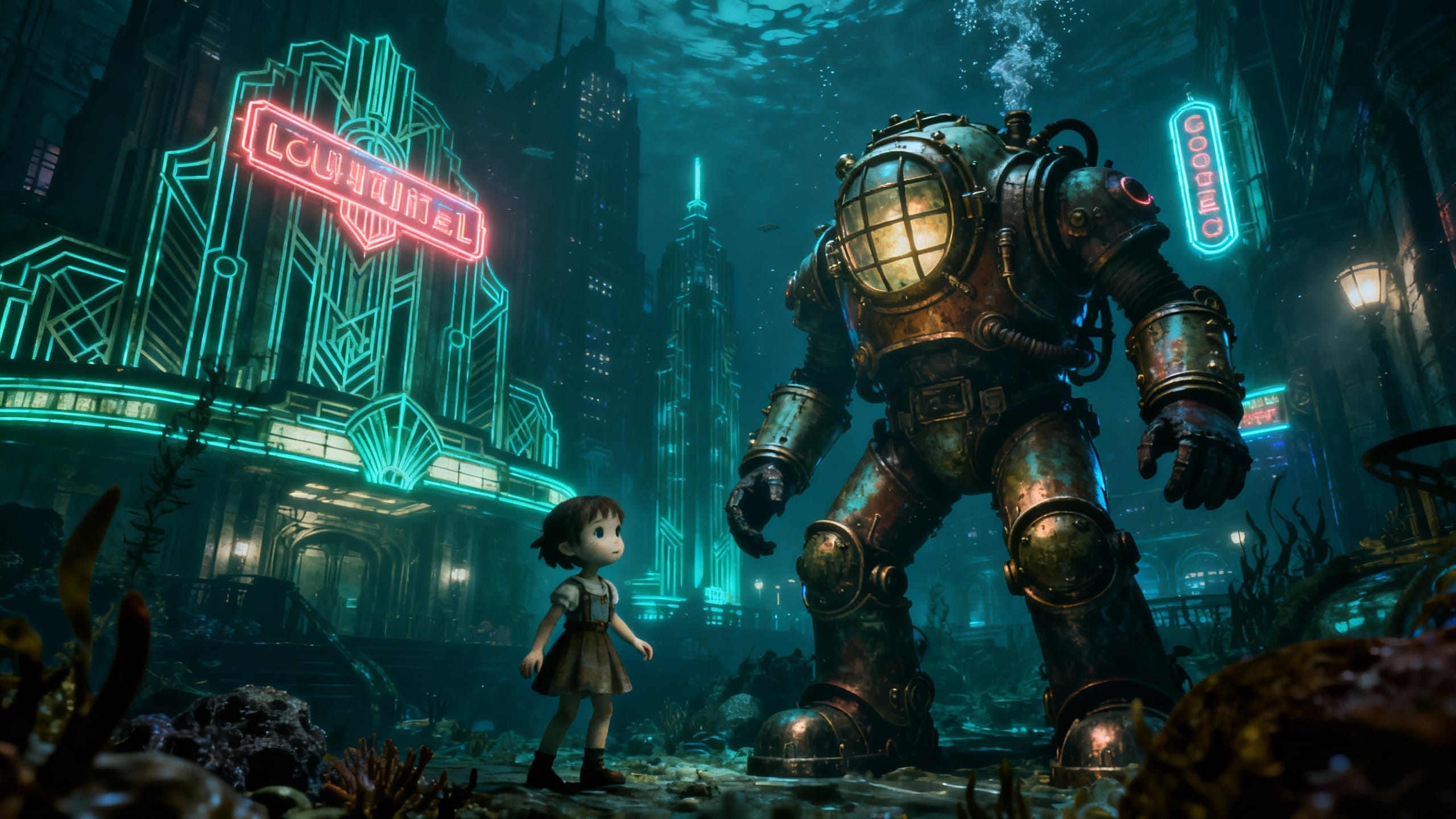 Scène sous-marine avec plongeur et enfant.