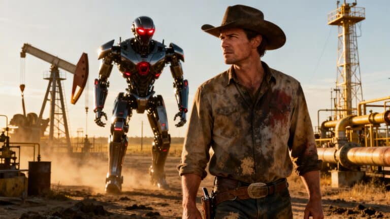 Cowboy sale devant robot dans champ pétrolier.