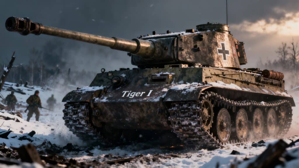 Tank Tiger I en hiver, soldats en arrière-plan.