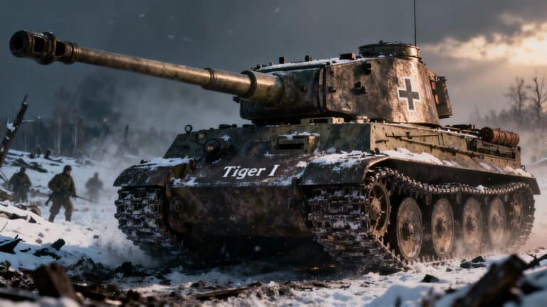 Tank Tiger I en hiver, soldats en arrière-plan.
