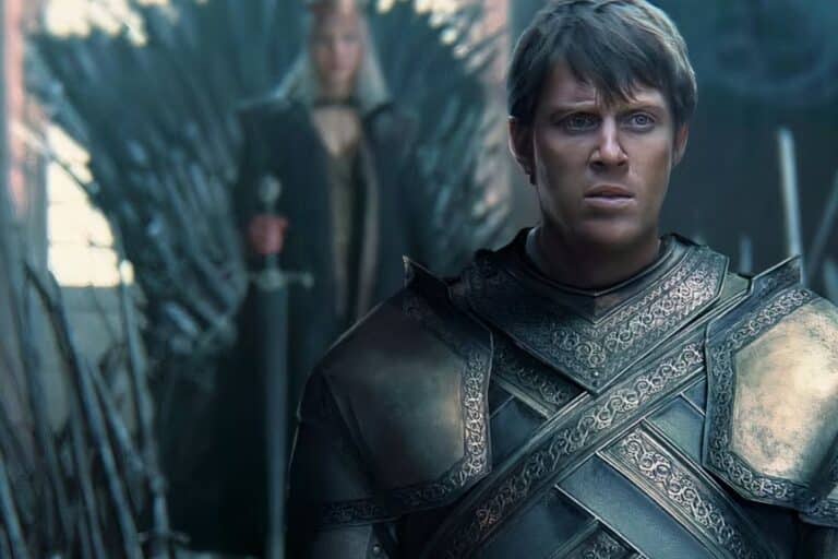 Guerrier en armure devant trône en arrière-plan.