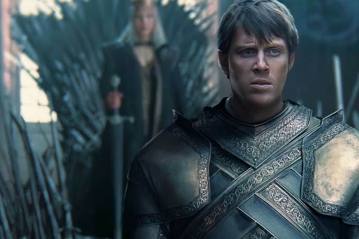 Guerrier en armure devant trône en arrière-plan.