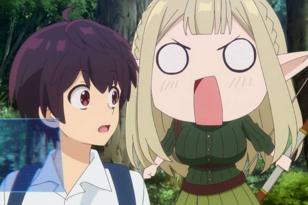 Deux personnages animés surpris en forêt.