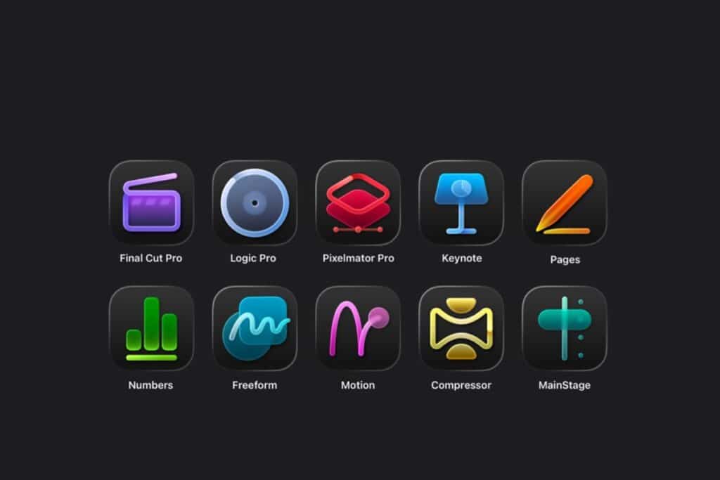 Icônes d'applications Apple sur fond noir.