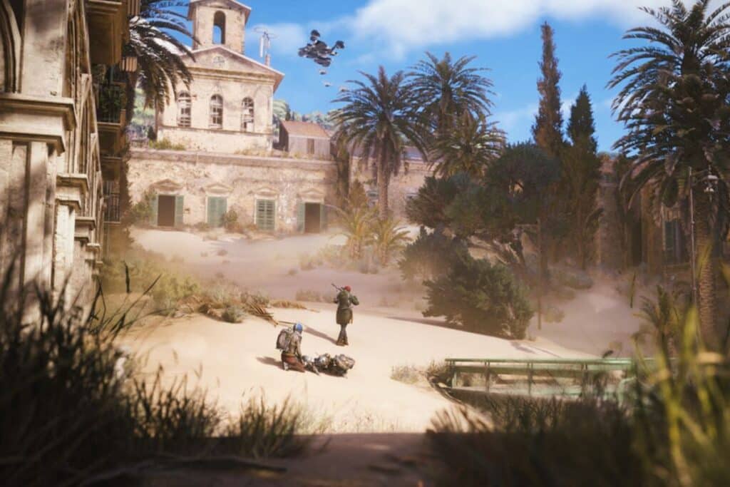 Scène désertique avec église et hommes armés.