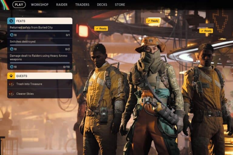 Personnages de jeu en combinaison et liste de quêtes.