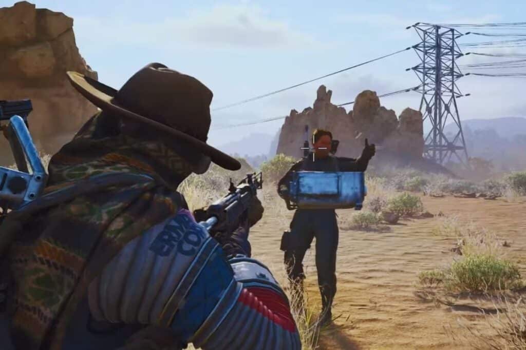 Personnage tire sur un autre dans un désert.