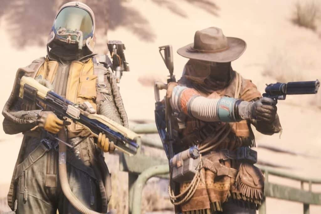 Deux personnages armés dans un désert futuriste.