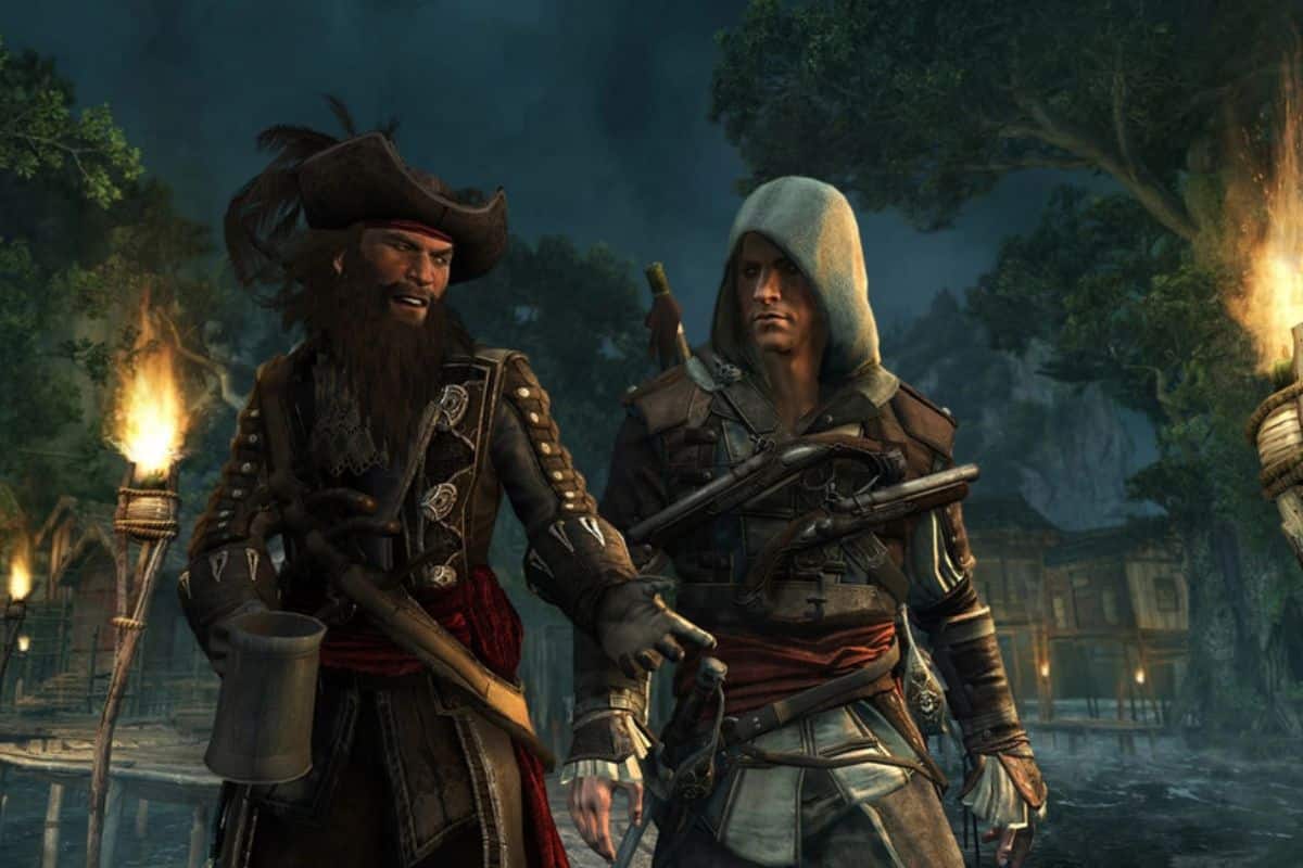 Deux personnages de pirates discutent.