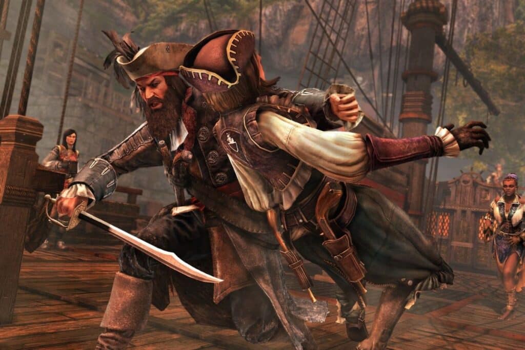 Pirates combattant sur un navire en bois.