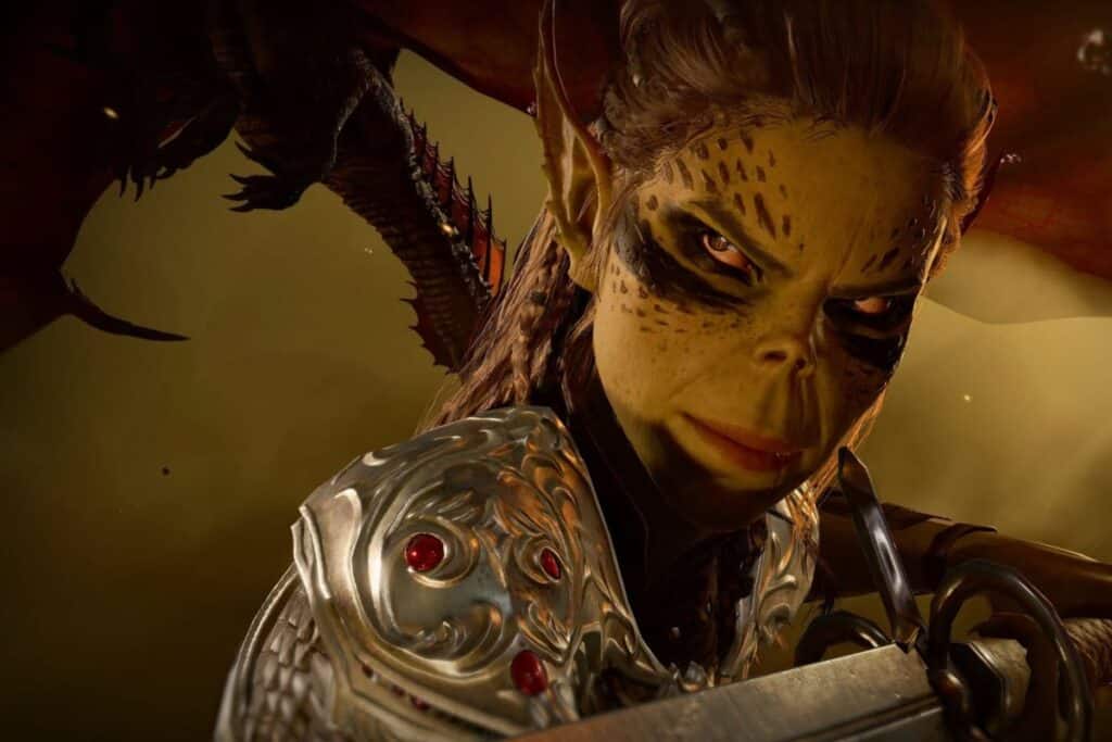 Guerrière fantastique avec armure et dragon en arrière-plan.