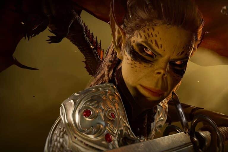 Guerrière fantastique avec armure et dragon en arrière-plan.