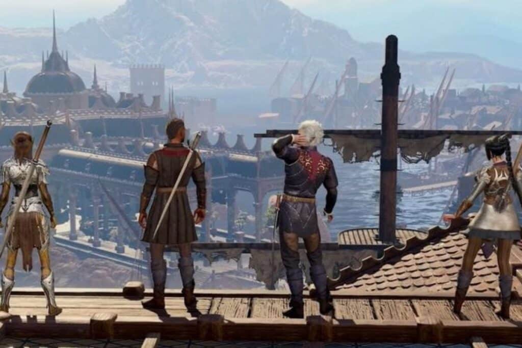 Personnages regardant une ville médiévale depuis un quai.