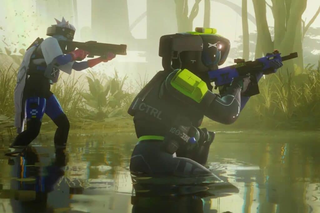 Personnages en combinaison dans un marécage avec armes.