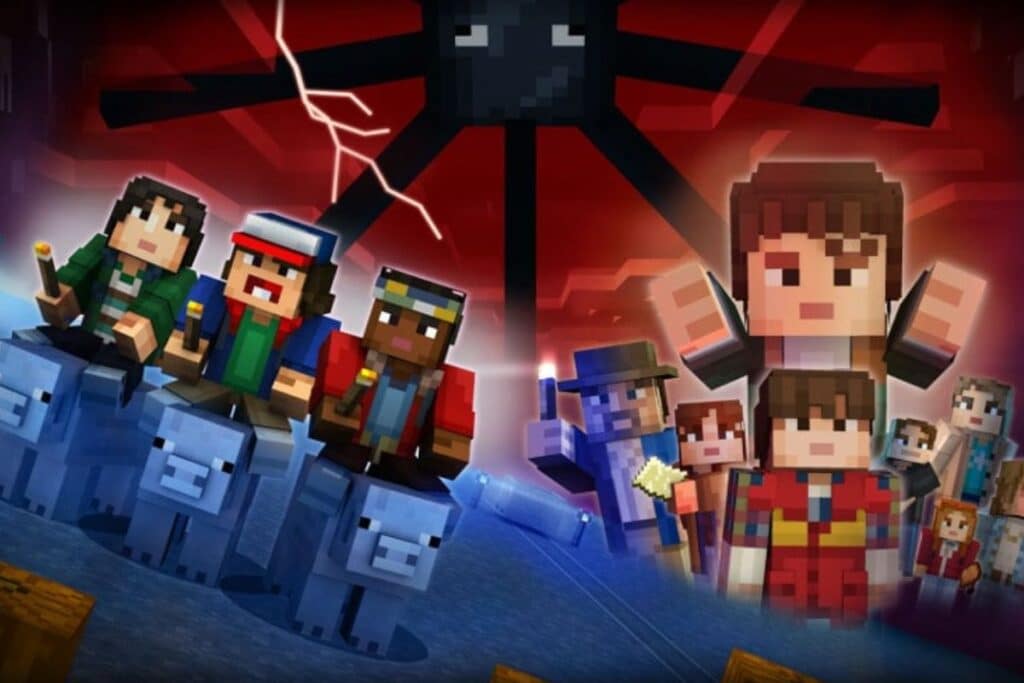 Personnages pixelisés chevauchant des créatures.