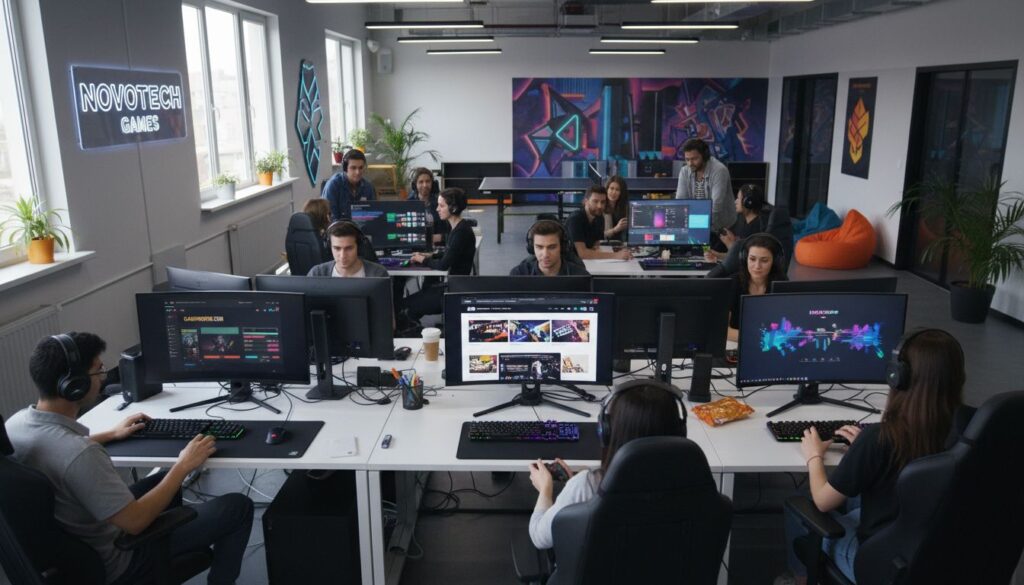 Personnes travaillant sur ordinateurs dans un bureau moderne.