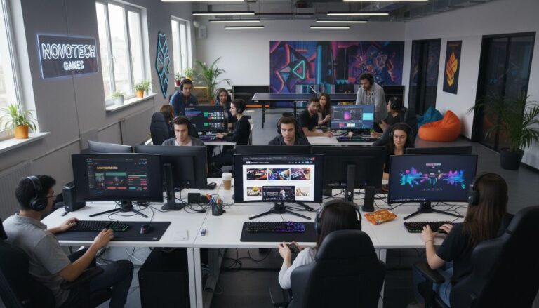 Personnes travaillant sur ordinateurs dans un bureau moderne.