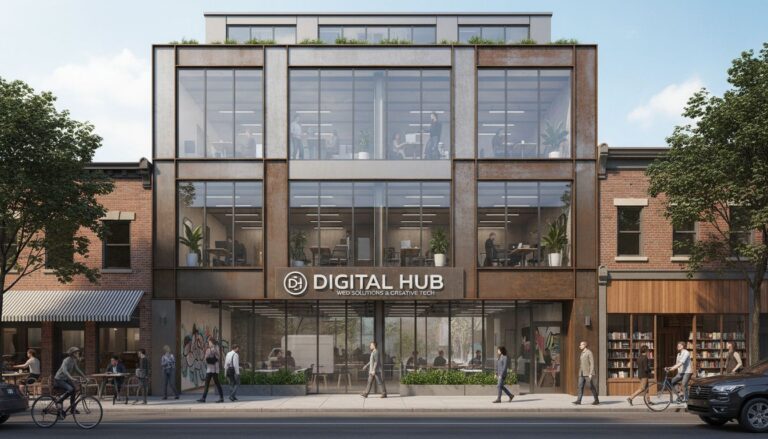 Bâtiment moderne avec façade vitrée, enseigne Digital Hub.