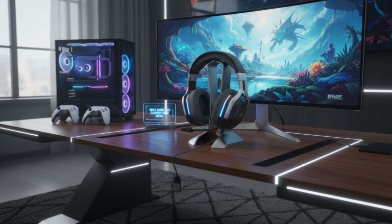 Setup gaming avec écran, casque et manettes sur bureau.