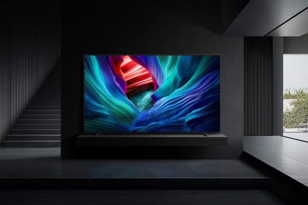 Télévision moderne avec écran coloré dans un salon.