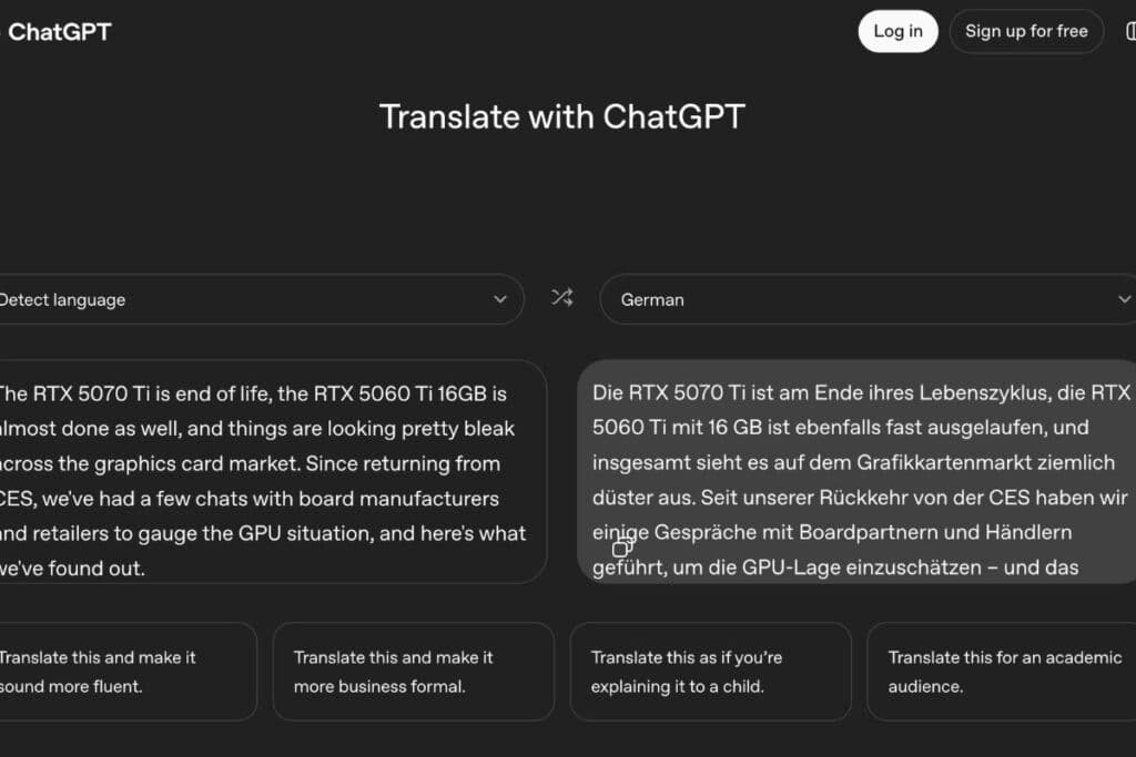 Interface de traduction multilingue avec texte comparatif.