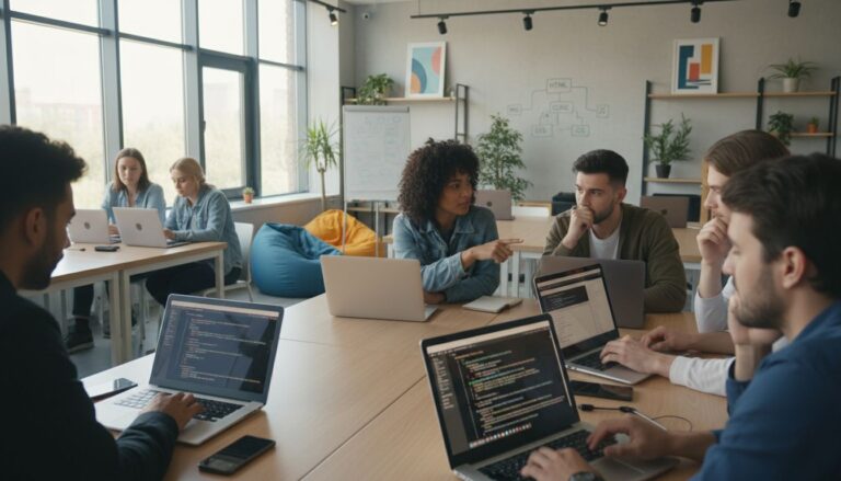 Personnes travaillant en équipe avec ordinateurs portables.
