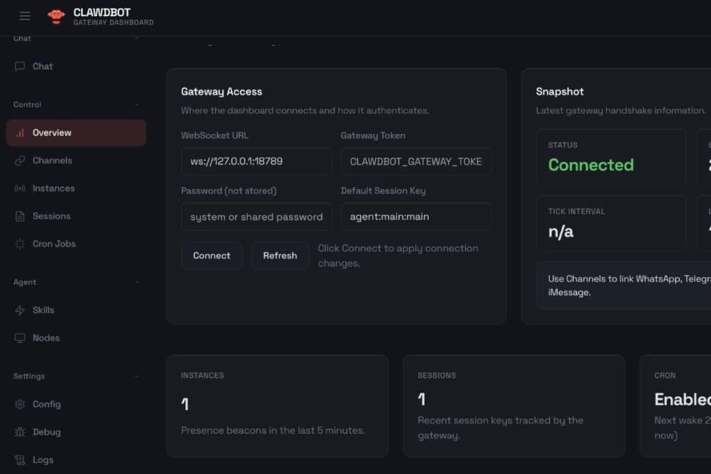 Tableau de bord de connexion Clawdbot affiché.