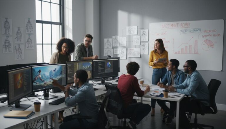 Réunion d'équipe autour d'écrans et tableau blanc.