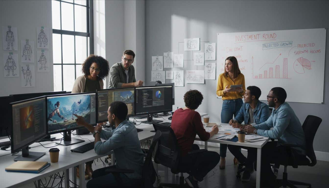 Réunion d'équipe autour d'écrans et tableau blanc.