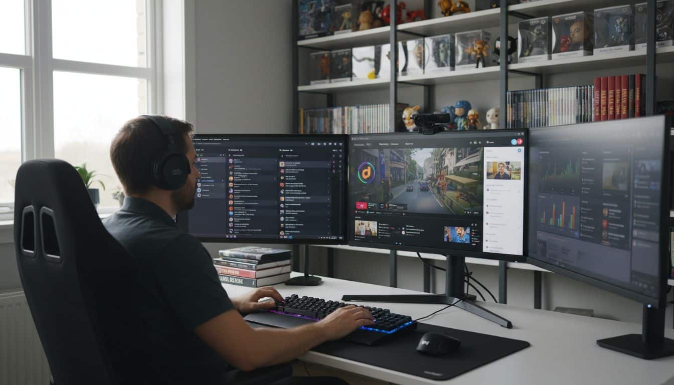 Personne utilisant trois écrans d'ordinateur dans un bureau.