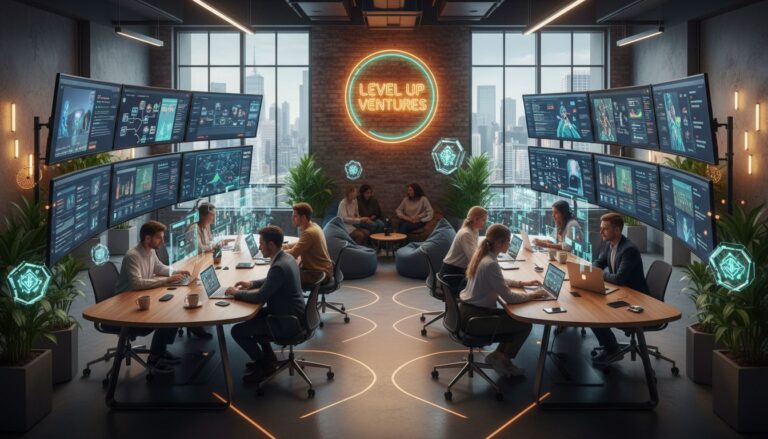 Bureau moderne avec écrans, équipes travaillant sur ordinateurs.