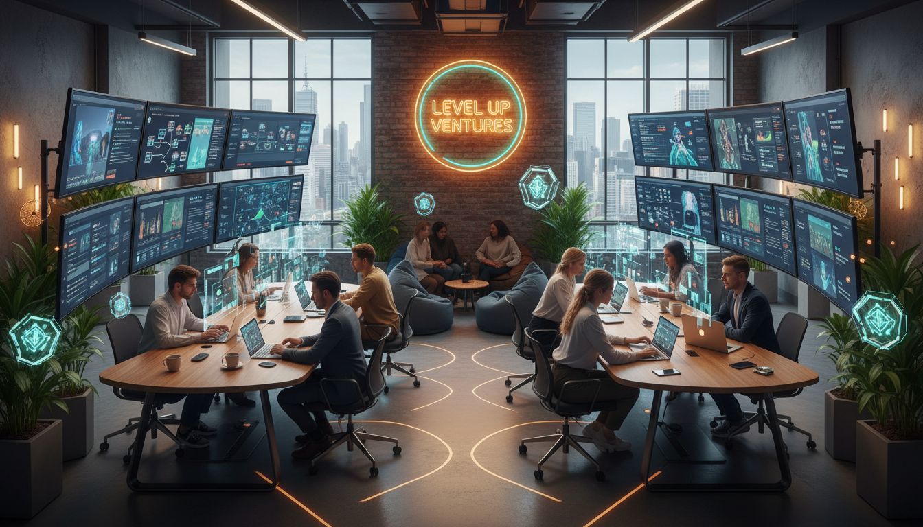 Bureau moderne avec écrans, équipes travaillant sur ordinateurs.