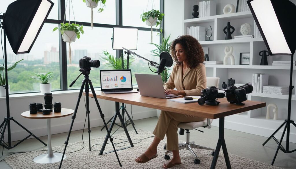 Femme enregistrement podcast dans un bureau moderne.