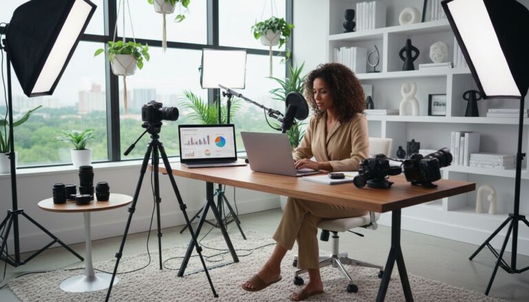 Femme enregistrement podcast dans un bureau moderne.