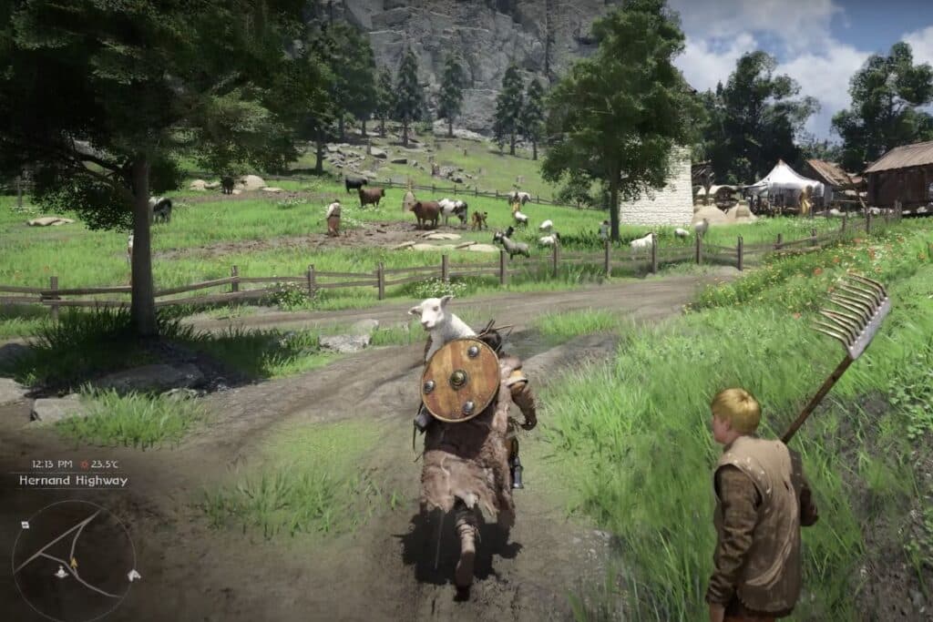 Chevalier dans un champ avec des moutons et village.