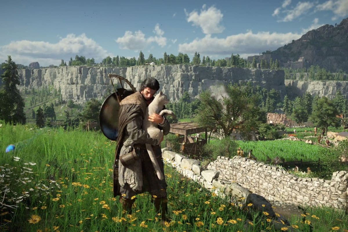 Homme tenant un mouton, paysage champêtre en arrière-plan.