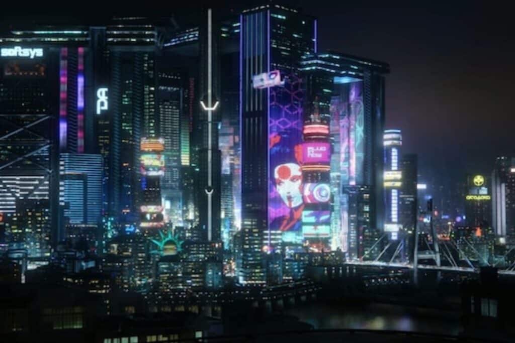 Ville futuriste lumineuse la nuit avec néons colorés.