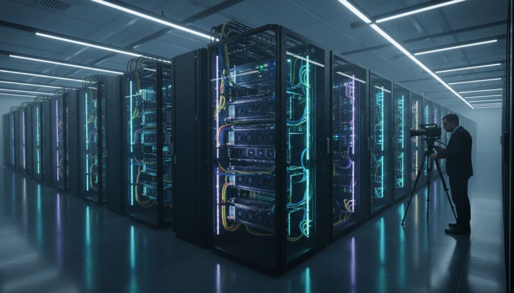 Salle de serveurs avec technicien et caméra.