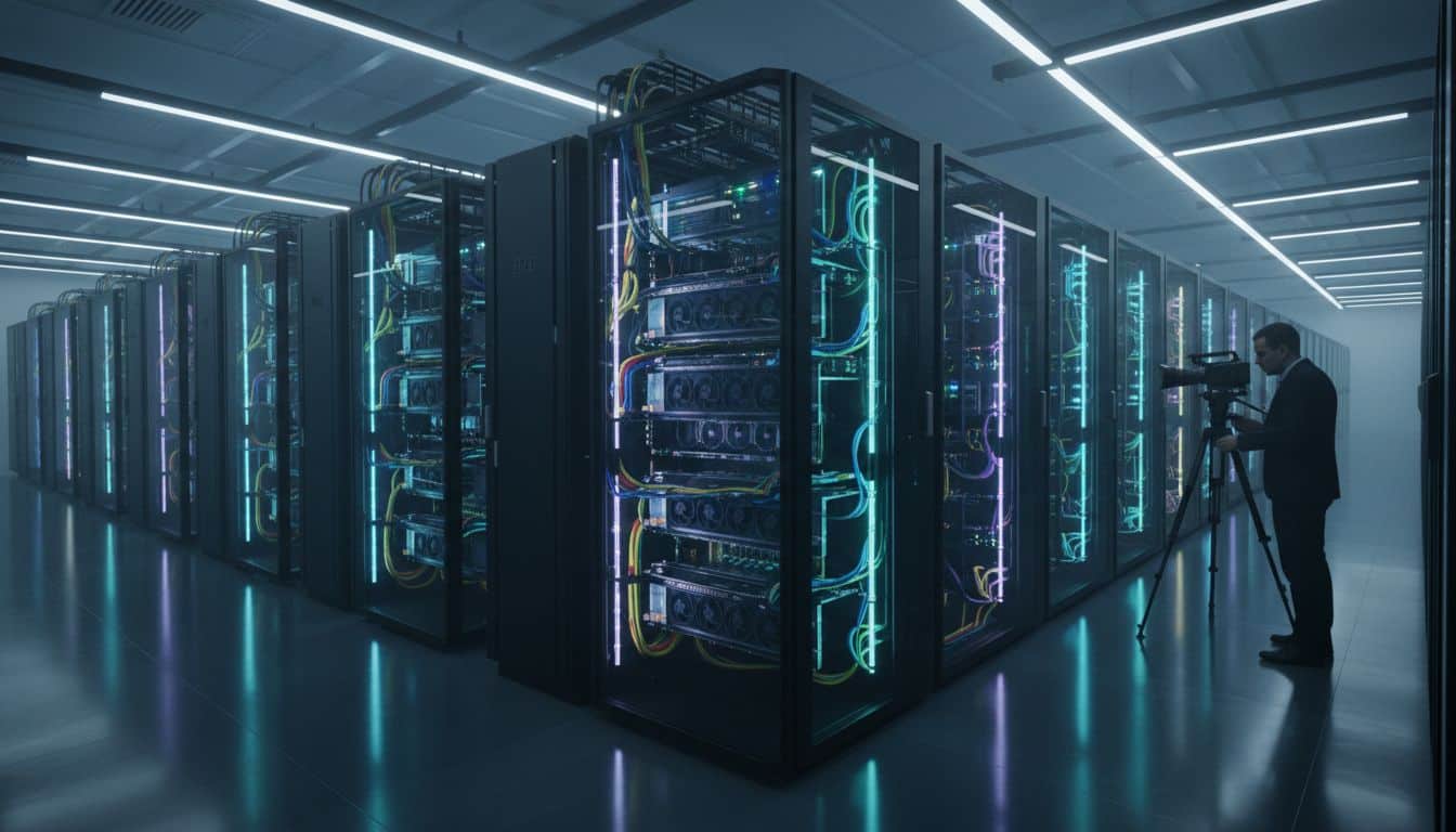 Salle de serveurs avec technicien et caméra.