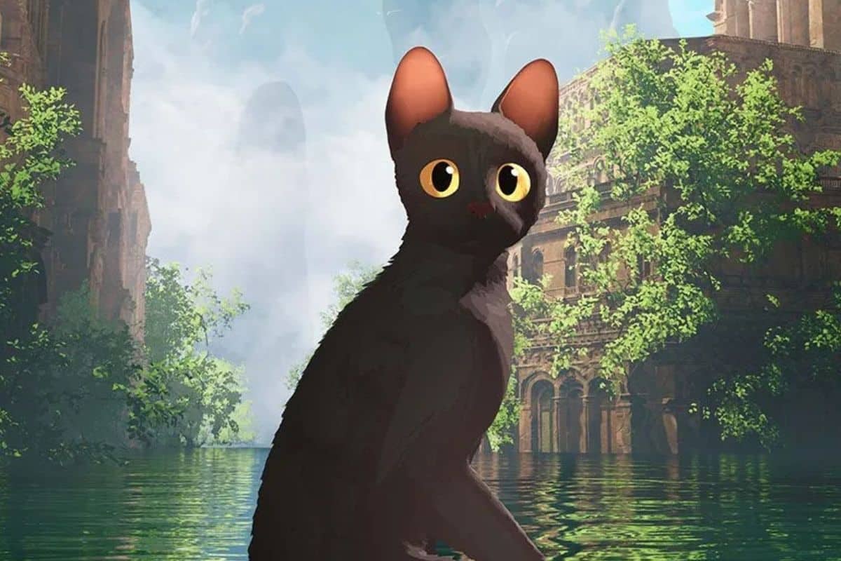 Chat noir animé devant ruines et végétation