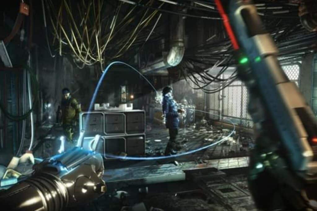 Jeu vidéo de science-fiction, scène d'action futuriste.