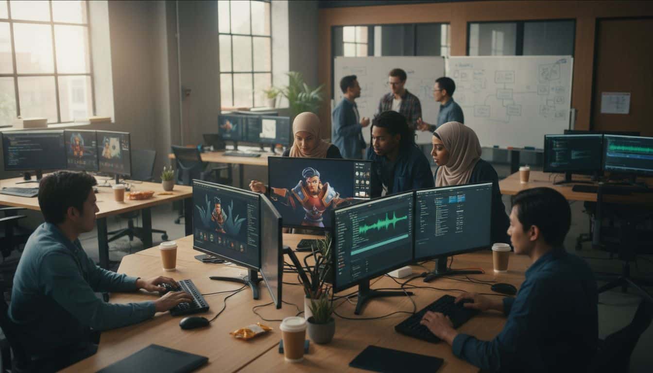 Groupe de développeurs travaillant ensemble sur ordinateurs.