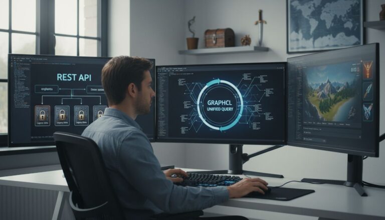 Homme travaillant sur trois écrans d'ordinateur.