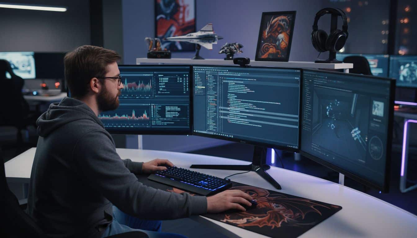 Programmeur travaillant sur plusieurs écrans d'ordinateur.