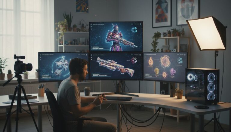 Homme jouant à un jeu vidéo, trois écrans devant lui.