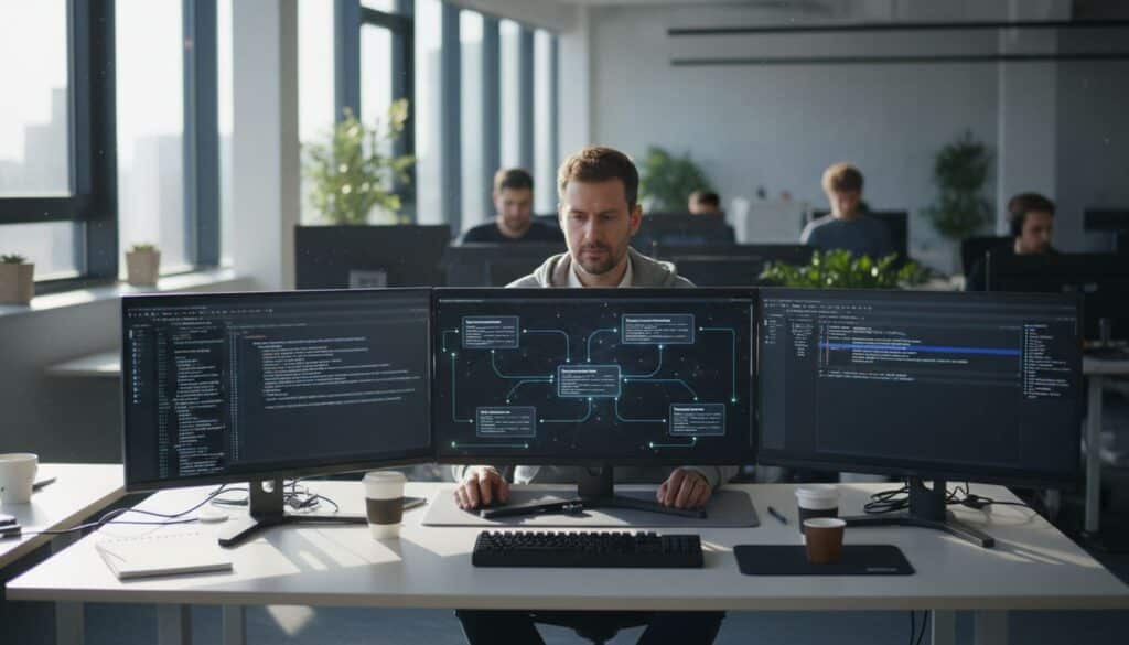 Programmeur travaillant avec trois écrans d'ordinateur.