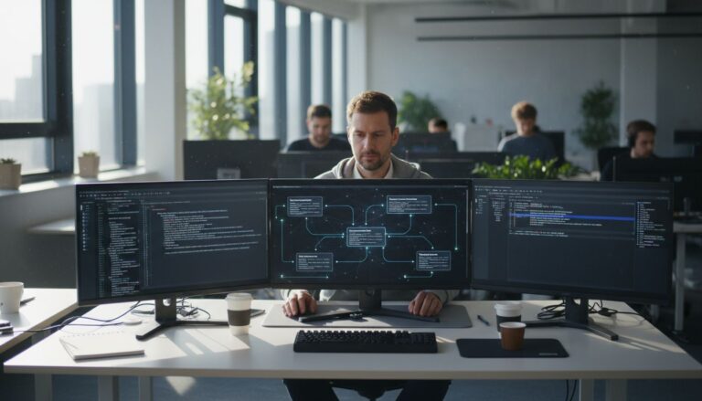 Programmeur travaillant avec trois écrans d'ordinateur.