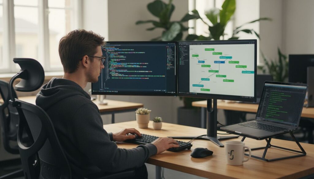 Développeur travaillant sur des ordinateurs avec code.