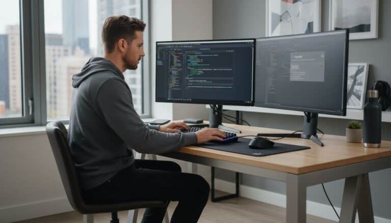 Développeur travaillant sur ordinateur, code visible.
