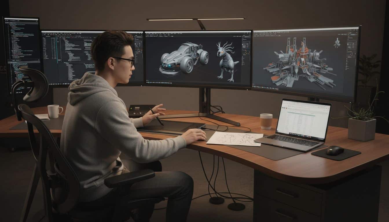 Homme travaillant sur ordinateur avec trois écrans.